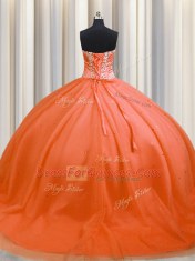 Fashionable Orange Tulle Lace Up Sweetheart Sleeveless Quinceanera Gown Brush Train Beading