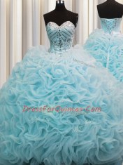 Wonderful Rolling Flowers Sleeveless Organza Brush Train Lace Up Quince Ball Gowns in Aqua Blue with Beading and Pick Ups