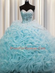 Wonderful Rolling Flowers Sleeveless Organza Brush Train Lace Up Quince Ball Gowns in Aqua Blue with Beading and Pick Ups