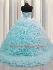 Wonderful Rolling Flowers Sleeveless Organza Brush Train Lace Up Quince Ball Gowns in Aqua Blue with Beading and Pick Ups