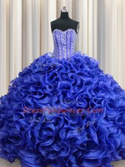 Decent Visible Boning Floor Length Lace Up Sweet 16 Dress Royal Blue for Military Ball and Sweet 16 and Quinceanera with Beading and Ruffles