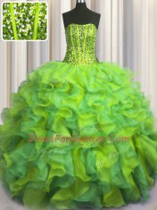 Visible Boning Beaded Bodice Multi-color Sleeveless Organza Lace Up Ball Gown Prom Dress for Military Ball and Sweet 16 and Quinceanera