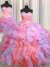 Three Piece Multi-color Ball Gowns Sweetheart Sleeveless Organza Floor Length Lace Up Beading and Appliques and Ruffles Quinceanera Dress