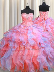Three Piece Multi-color Ball Gowns Sweetheart Sleeveless Organza Floor Length Lace Up Beading and Appliques and Ruffles Quinceanera Dress