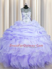 Perfect See Through Scoop Lavender Sleeveless Floor Length Beading and Ruffles and Pick Ups Lace Up 15th Birthday Dress