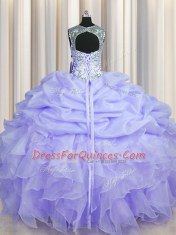 Perfect See Through Scoop Lavender Sleeveless Floor Length Beading and Ruffles and Pick Ups Lace Up 15th Birthday Dress