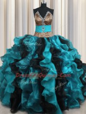 Fine Leopard Two Tone V Neck Sleeveless Lace Up Floor Length Beading and Ruffles Sweet 16 Dress