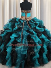 Fine Leopard Two Tone V Neck Sleeveless Lace Up Floor Length Beading and Ruffles Sweet 16 Dress