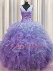 Flare Zipper Up Lavender V-neck Neckline Ruffles Quince Ball Gowns Sleeveless Zipper