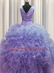 Flare Zipper Up Lavender V-neck Neckline Ruffles Quince Ball Gowns Sleeveless Zipper