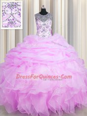 See Through Lilac Organza Lace Up Scoop Sleeveless Floor Length Sweet 16 Quinceanera Dress Beading and Ruffles and Pick Ups
