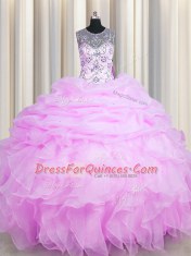 See Through Lilac Organza Lace Up Scoop Sleeveless Floor Length Sweet 16 Quinceanera Dress Beading and Ruffles and Pick Ups