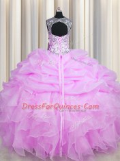 See Through Lilac Organza Lace Up Scoop Sleeveless Floor Length Sweet 16 Quinceanera Dress Beading and Ruffles and Pick Ups