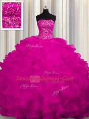 Superior Strapless Sleeveless Organza 15 Quinceanera Dress Beading and Ruffles Sweep Train Lace Up