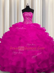 Superior Strapless Sleeveless Organza 15 Quinceanera Dress Beading and Ruffles Sweep Train Lace Up