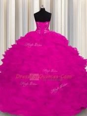 Superior Strapless Sleeveless Organza 15 Quinceanera Dress Beading and Ruffles Sweep Train Lace Up