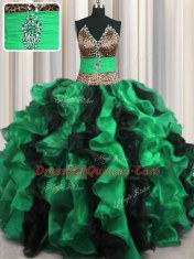 Super Leopard Two Tone Multi-color V-neck Neckline Beading and Ruffles Sweet 16 Dress Sleeveless Lace Up