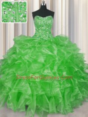 Custom Fit Visible Boning Sleeveless Floor Length Beading and Ruffles Lace Up Ball Gown Prom Dress with