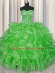 Custom Fit Visible Boning Sleeveless Floor Length Beading and Ruffles Lace Up Ball Gown Prom Dress with
