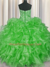 Custom Fit Visible Boning Sleeveless Floor Length Beading and Ruffles Lace Up Ball Gown Prom Dress with