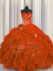 Hot Selling Floor Length Red Quinceanera Gown Organza Sleeveless Beading and Appliques and Ruffles