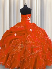Hot Selling Floor Length Red Quinceanera Gown Organza Sleeveless Beading and Appliques and Ruffles