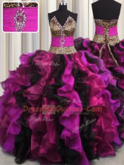 Leopard V Neck Sleeveless Beading and Ruffles Lace Up 15th Birthday Dress
