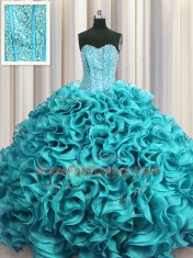Classical Visible Boning Sweetheart Sleeveless Quinceanera Dresses Floor Length Beading and Ruffles Aqua Blue Organza
