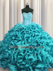 Classical Visible Boning Sweetheart Sleeveless Quinceanera Dresses Floor Length Beading and Ruffles Aqua Blue Organza