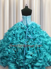 Classical Visible Boning Sweetheart Sleeveless Quinceanera Dresses Floor Length Beading and Ruffles Aqua Blue Organza