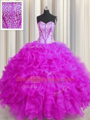 Visible Boning Beaded Bodice Fuchsia Sleeveless Beading and Ruffles Floor Length Sweet 16 Dresses
