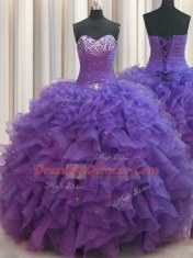 Beaded Bust Purple Ball Gowns Organza Sweetheart Sleeveless Beading and Ruffles Floor Length Lace Up Sweet 16 Dress