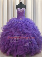 Beaded Bust Purple Ball Gowns Organza Sweetheart Sleeveless Beading and Ruffles Floor Length Lace Up Sweet 16 Dress