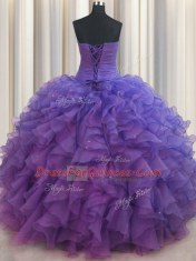 Beaded Bust Purple Ball Gowns Organza Sweetheart Sleeveless Beading and Ruffles Floor Length Lace Up Sweet 16 Dress