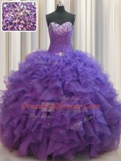 Beaded Bust Purple Ball Gowns Organza Sweetheart Sleeveless Beading and Ruffles Floor Length Lace Up Sweet 16 Dress