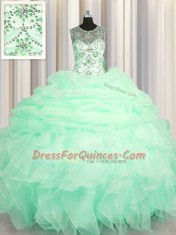 Flare Scoop See Through Apple Green Organza Lace Up Sweet 16 Dresses Sleeveless Floor Length Beading and Ruffles and Pick Ups
