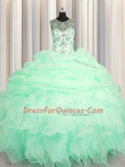 Flare Scoop See Through Apple Green Organza Lace Up Sweet 16 Dresses Sleeveless Floor Length Beading and Ruffles and Pick Ups