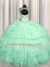 Flare Scoop See Through Apple Green Organza Lace Up Sweet 16 Dresses Sleeveless Floor Length Beading and Ruffles and Pick Ups