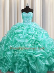 Great Court Train Aqua Blue Sweetheart Neckline Beading and Pick Ups Sweet 16 Quinceanera Dress Sleeveless Lace Up