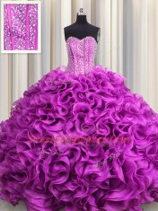 Visible Boning Fuchsia Sleeveless Organza Lace Up Quinceanera Gowns for Military Ball and Sweet 16 and Quinceanera