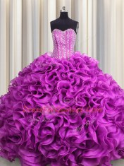 Visible Boning Fuchsia Sleeveless Organza Lace Up Quinceanera Gowns for Military Ball and Sweet 16 and Quinceanera