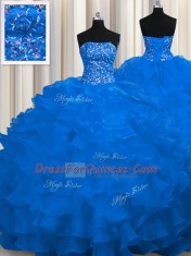 Sweep Train Royal Blue Sleeveless Beading and Ruffles Lace Up Sweet 16 Dresses