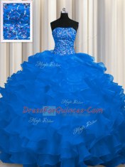 Sweep Train Royal Blue Sleeveless Beading and Ruffles Lace Up Sweet 16 Dresses