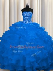 Sweep Train Royal Blue Sleeveless Beading and Ruffles Lace Up Sweet 16 Dresses