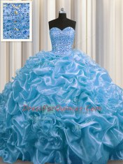 Floor Length Baby Blue Sweet 16 Quinceanera Dress Organza Court Train Sleeveless Beading and Pick Ups