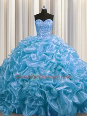 Floor Length Baby Blue Sweet 16 Quinceanera Dress Organza Court Train Sleeveless Beading and Pick Ups