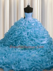 Floor Length Baby Blue Sweet 16 Quinceanera Dress Organza Court Train Sleeveless Beading and Pick Ups