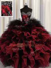 Chic Red And Black Lace Up Quince Ball Gowns Beading and Ruffles Sleeveless Floor Length
