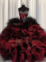 Chic Red And Black Lace Up Quince Ball Gowns Beading and Ruffles Sleeveless Floor Length
