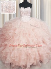 Traditional Visible Boning Scalloped Peach Sleeveless Floor Length Beading and Ruffles Lace Up 15th Birthday Dress